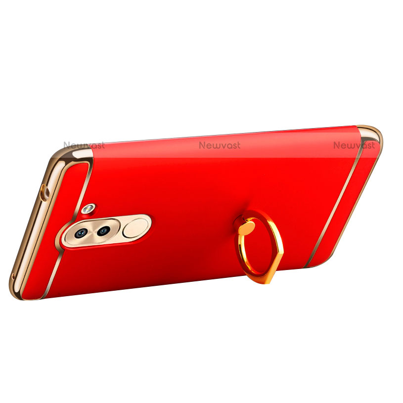 Luxury Metal Frame and Plastic Back Case with Finger Ring Stand for Huawei Mate 9 Lite Red