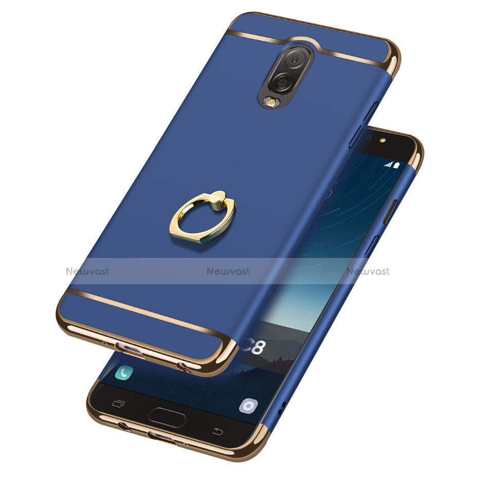 Luxury Metal Frame and Plastic Back Case with Finger Ring Stand for Samsung Galaxy C8 C710F Blue