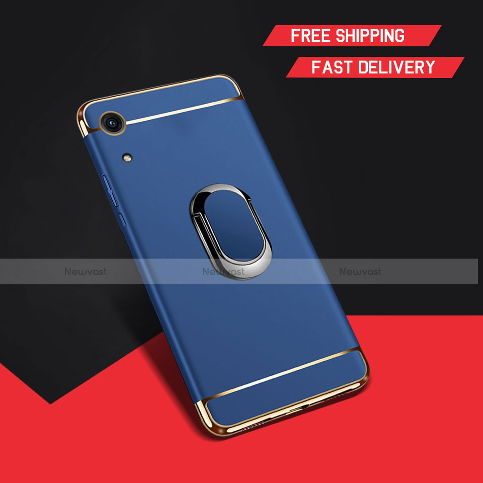 Luxury Metal Frame and Plastic Back Cover Case with Finger Ring Stand A01 for Huawei Honor 8A Blue