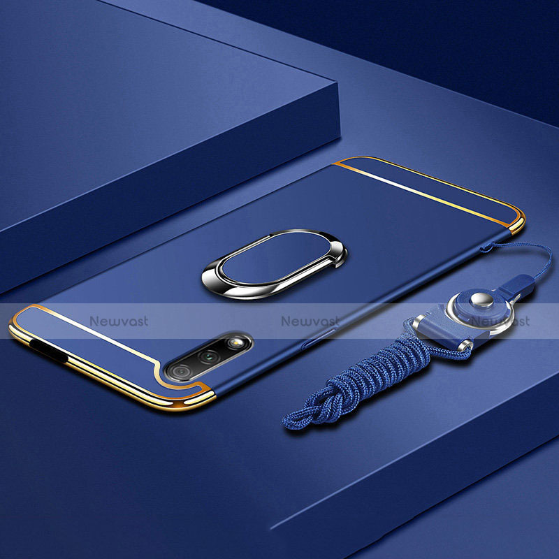 Luxury Metal Frame and Plastic Back Cover Case with Finger Ring Stand A01 for Huawei P Smart Z (2019) Blue