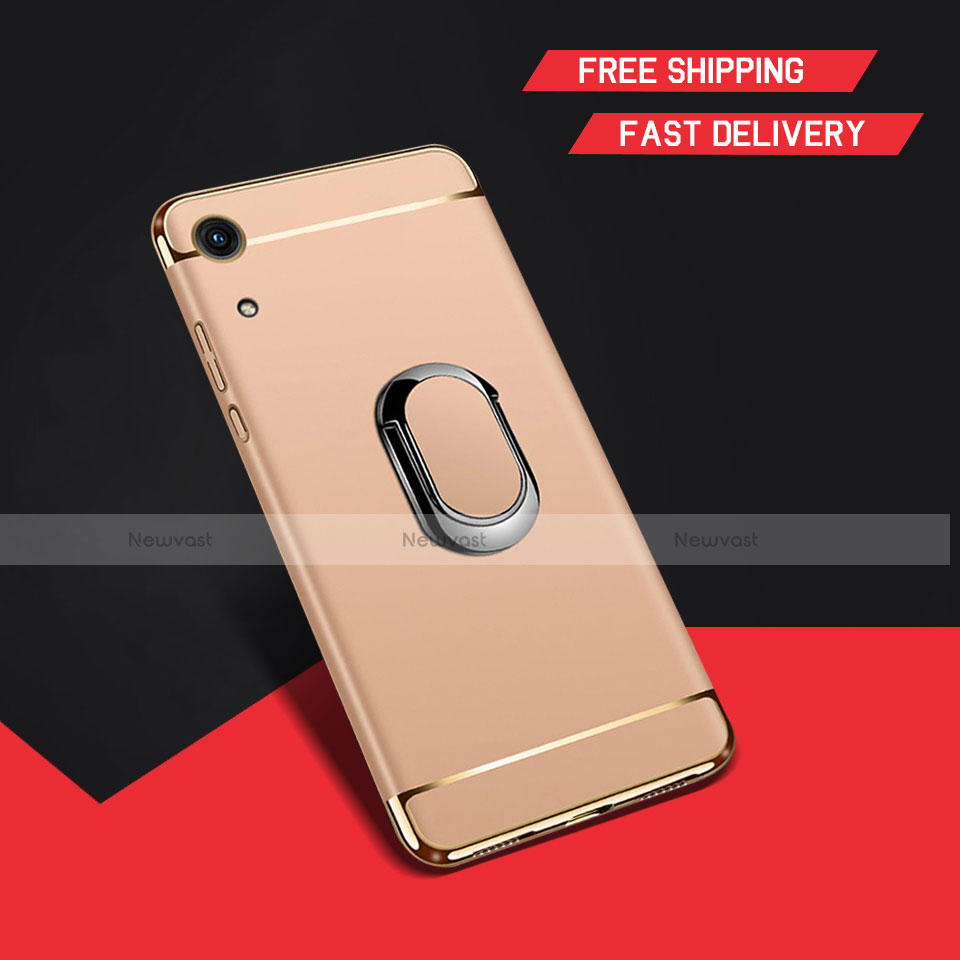 Luxury Metal Frame and Plastic Back Cover Case with Finger Ring Stand A01 for Huawei Y6 (2019) Gold