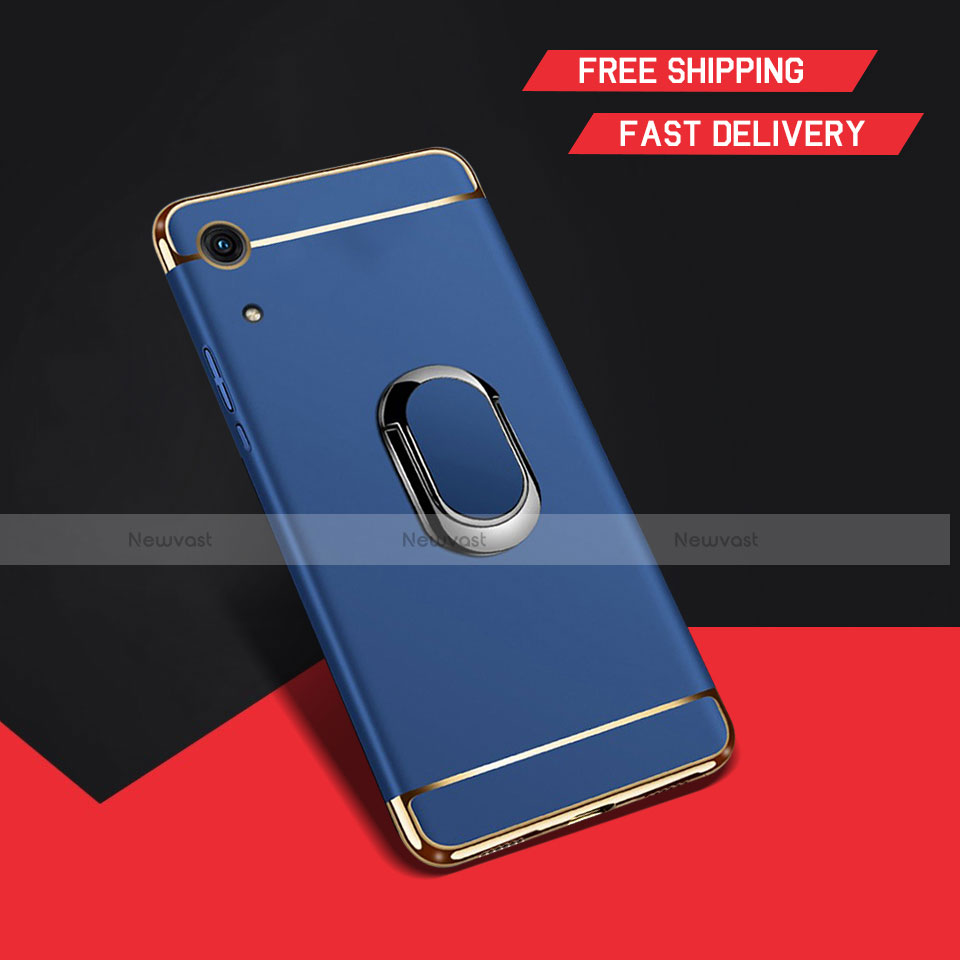 Luxury Metal Frame and Plastic Back Cover Case with Finger Ring Stand A01 for Huawei Y6 Prime (2019) Blue