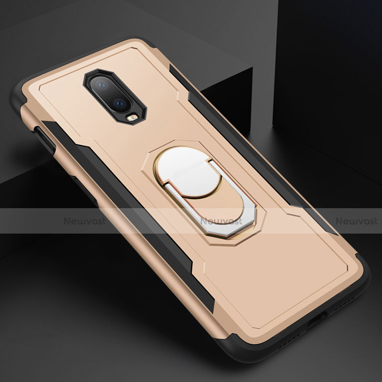 Luxury Metal Frame and Plastic Back Cover Case with Finger Ring Stand A01 for OnePlus 6T Gold