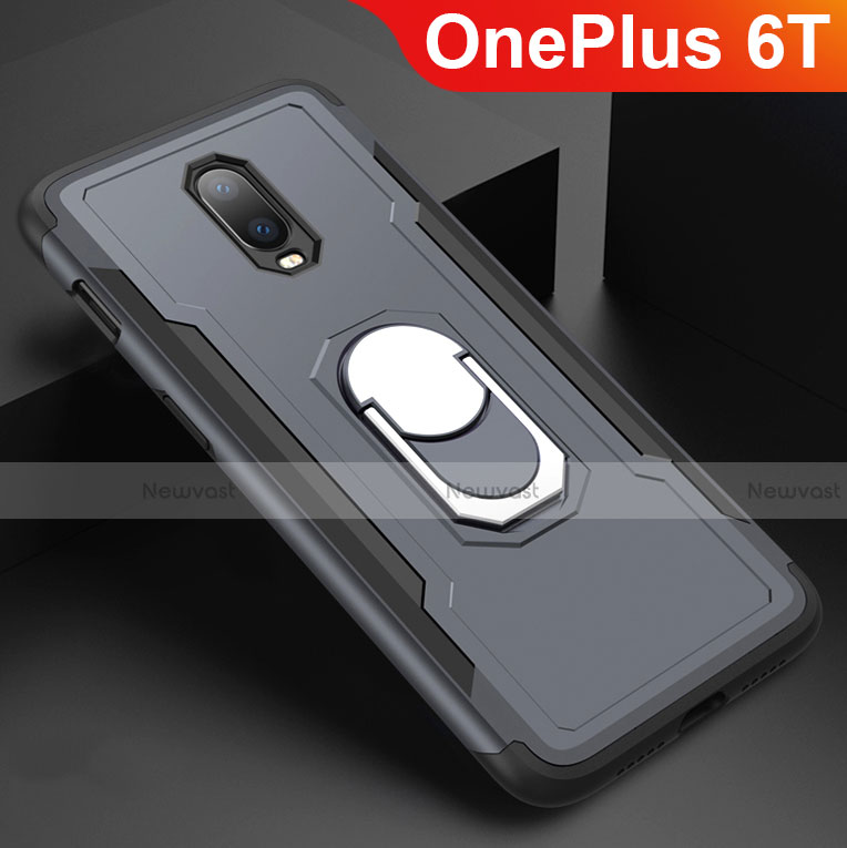 Luxury Metal Frame and Plastic Back Cover Case with Finger Ring Stand A01 for OnePlus 6T Gray