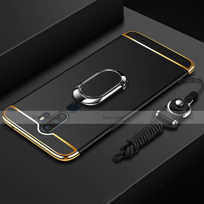 Luxury Metal Frame and Plastic Back Cover Case with Finger Ring Stand A01 for Oppo A11 Black