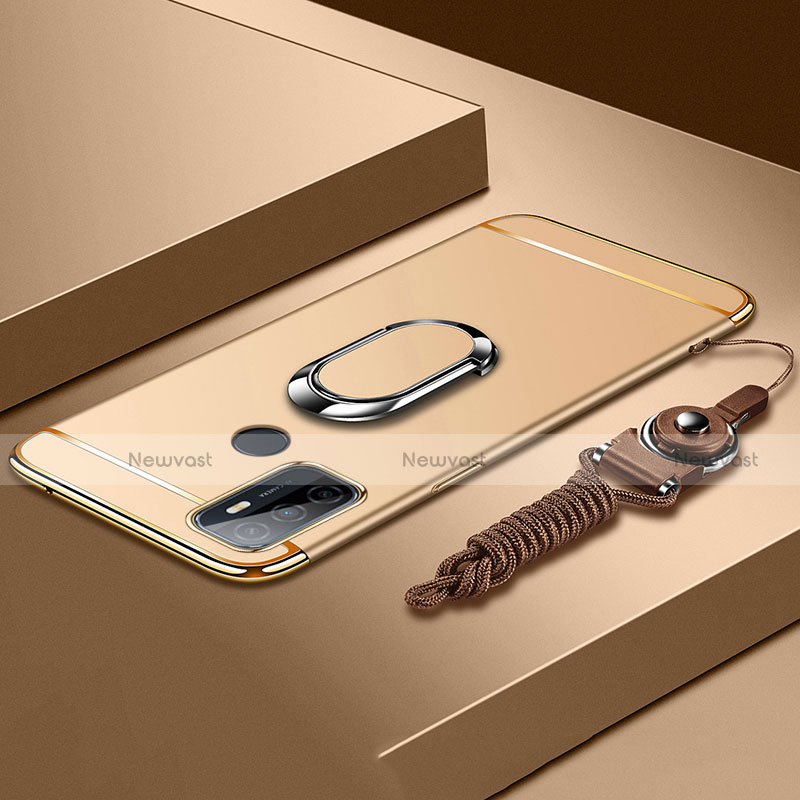 Luxury Metal Frame and Plastic Back Cover Case with Finger Ring Stand A01 for Oppo A32 Gold