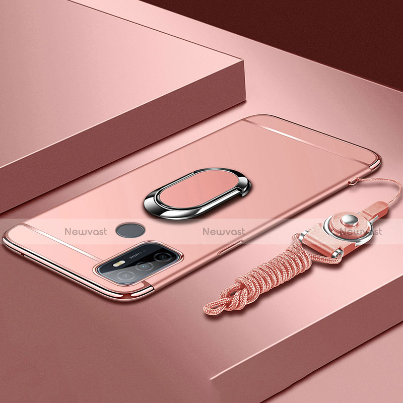 Luxury Metal Frame and Plastic Back Cover Case with Finger Ring Stand A01 for Oppo A32 Rose Gold