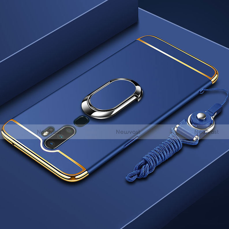 Luxury Metal Frame and Plastic Back Cover Case with Finger Ring Stand A01 for Oppo A5 (2020) Blue