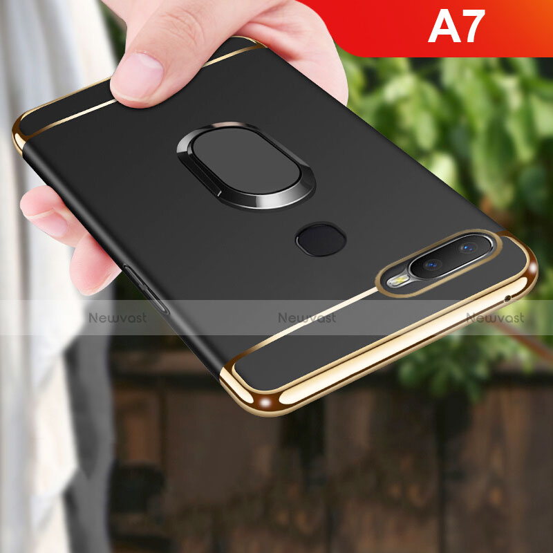 Luxury Metal Frame and Plastic Back Cover Case with Finger Ring Stand A01 for Oppo A7 Black