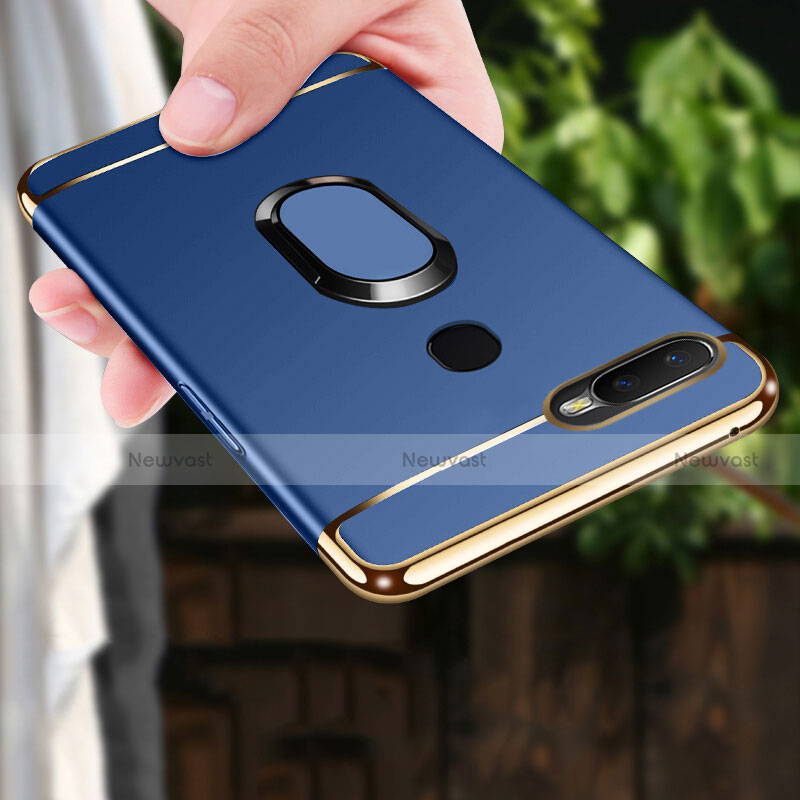 Luxury Metal Frame and Plastic Back Cover Case with Finger Ring Stand A01 for Oppo A7 Blue