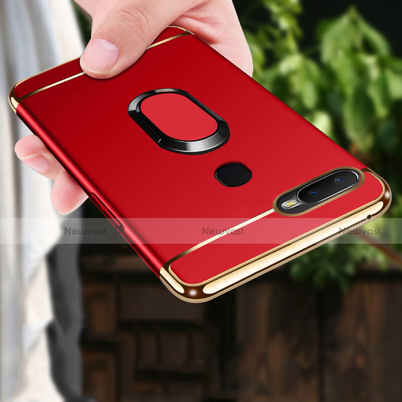 Luxury Metal Frame and Plastic Back Cover Case with Finger Ring Stand A01 for Oppo A7 Red