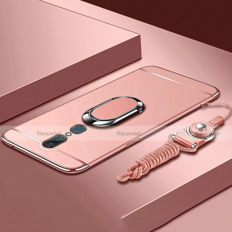 Luxury Metal Frame and Plastic Back Cover Case with Finger Ring Stand A01 for Oppo A9 Rose Gold