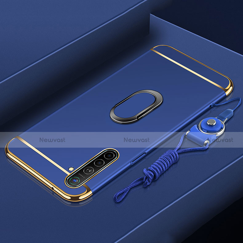 Luxury Metal Frame and Plastic Back Cover Case with Finger Ring Stand A01 for Oppo K5 Blue
