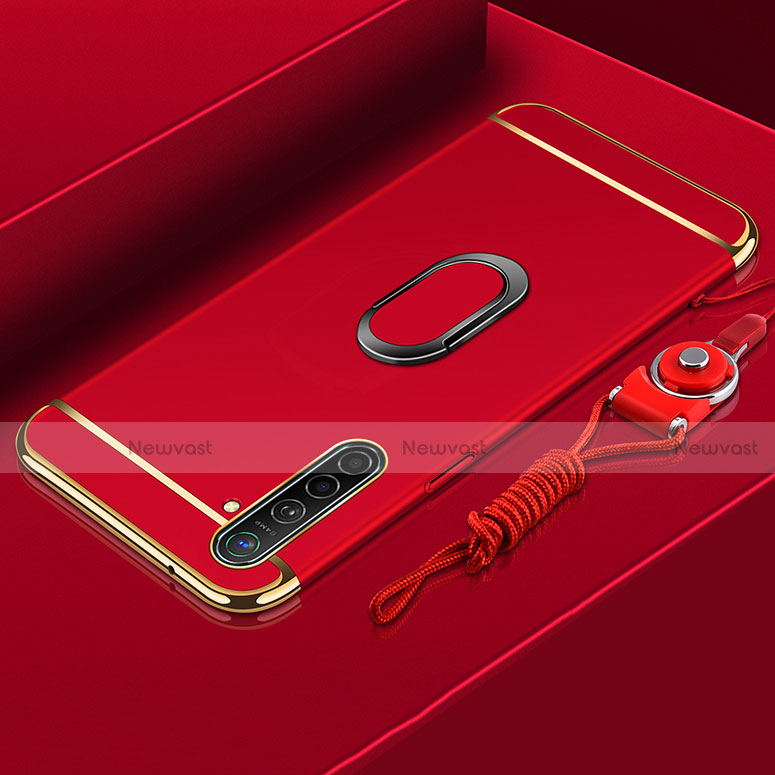 Luxury Metal Frame and Plastic Back Cover Case with Finger Ring Stand A01 for Oppo K5 Red