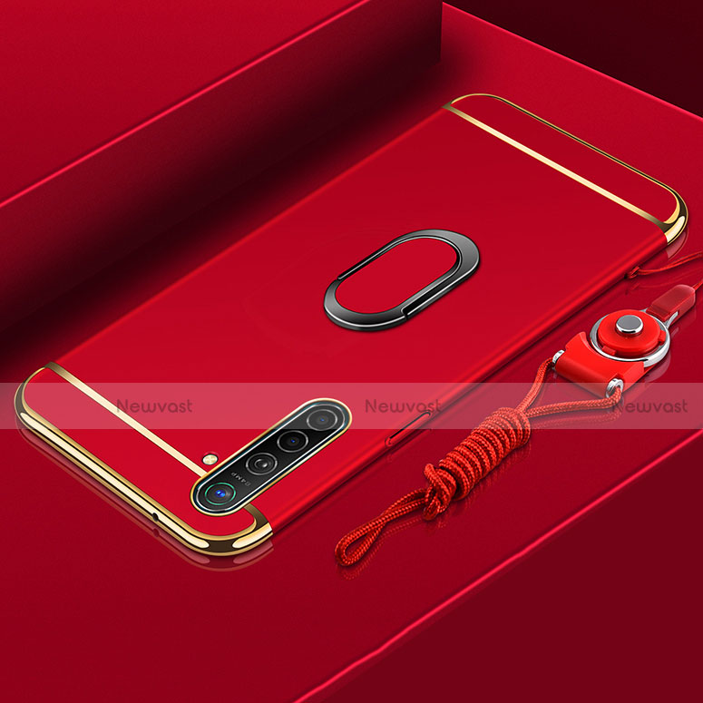 Luxury Metal Frame and Plastic Back Cover Case with Finger Ring Stand A01 for Realme X2 Red