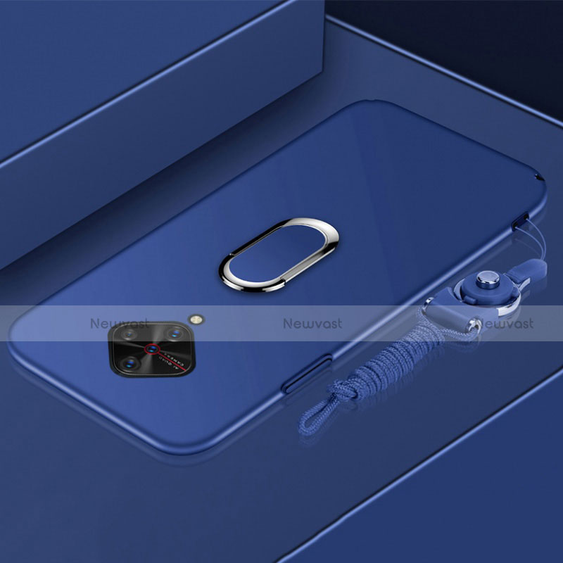 Luxury Metal Frame and Plastic Back Cover Case with Finger Ring Stand A01 for Vivo S1 Pro Blue