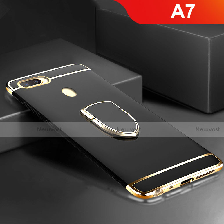 Luxury Metal Frame and Plastic Back Cover Case with Finger Ring Stand A02 for Oppo A7 Black