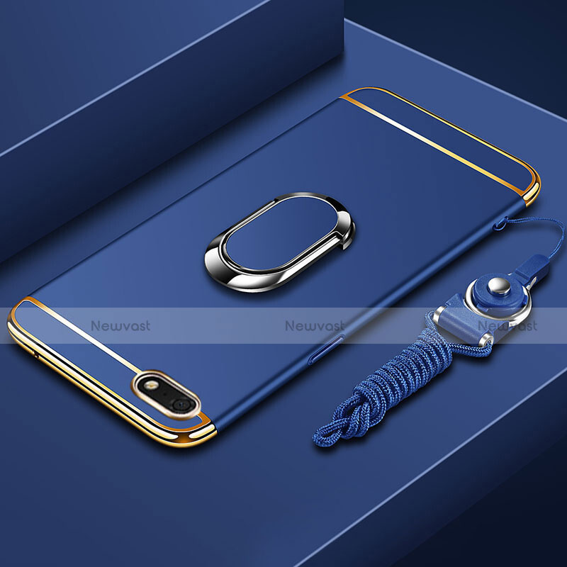 Luxury Metal Frame and Plastic Back Cover Case with Finger Ring Stand and Lanyard for Huawei Enjoy 8e Lite