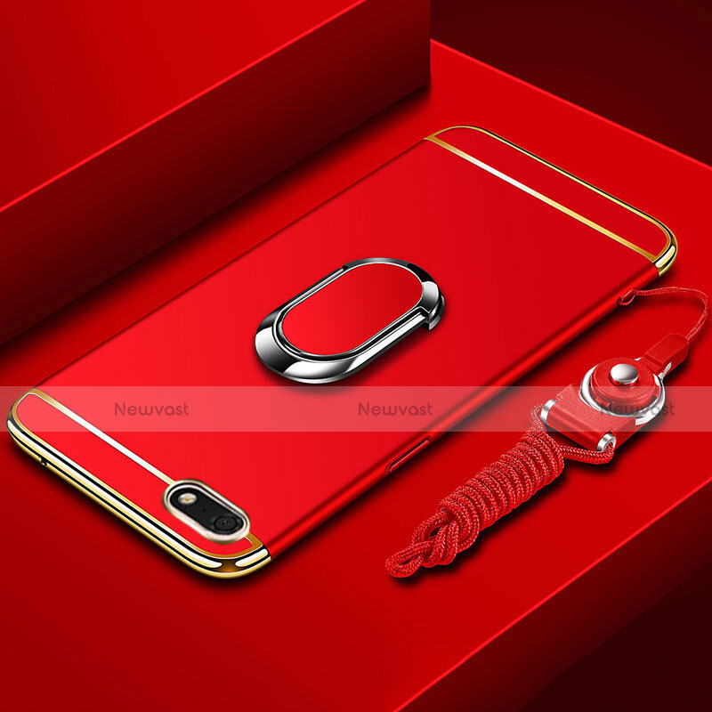 Luxury Metal Frame and Plastic Back Cover Case with Finger Ring Stand and Lanyard for Huawei Enjoy 8e Lite Red