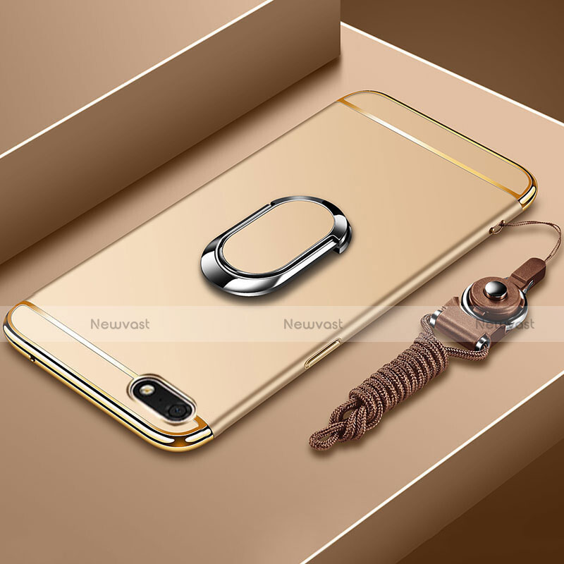 Luxury Metal Frame and Plastic Back Cover Case with Finger Ring Stand and Lanyard for Huawei Honor 7S Gold