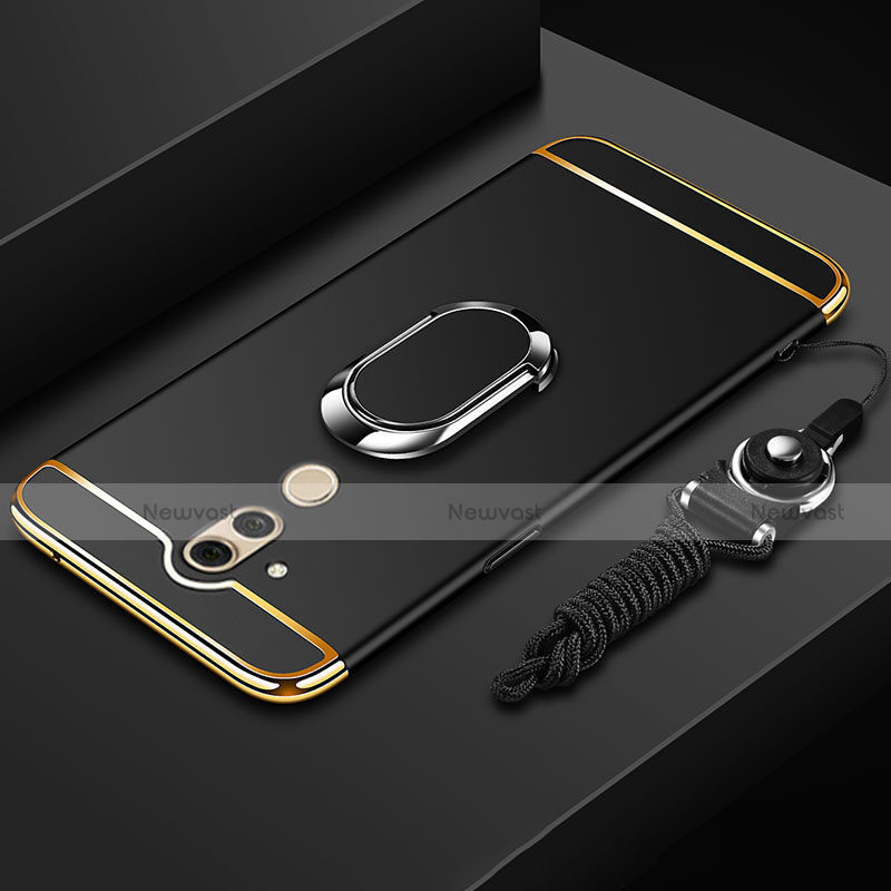 Luxury Metal Frame and Plastic Back Cover Case with Finger Ring Stand and Lanyard for Huawei Mate 20 Lite Black