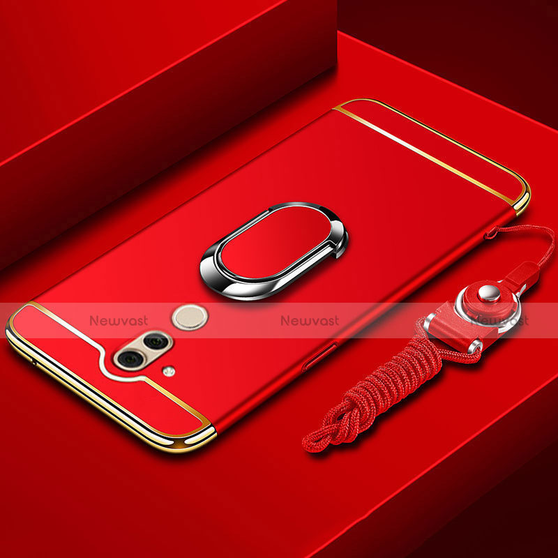 Luxury Metal Frame and Plastic Back Cover Case with Finger Ring Stand and Lanyard for Huawei Mate 20 Lite Red