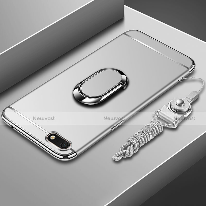 Luxury Metal Frame and Plastic Back Cover Case with Finger Ring Stand and Lanyard for Huawei Y5 Prime (2018)