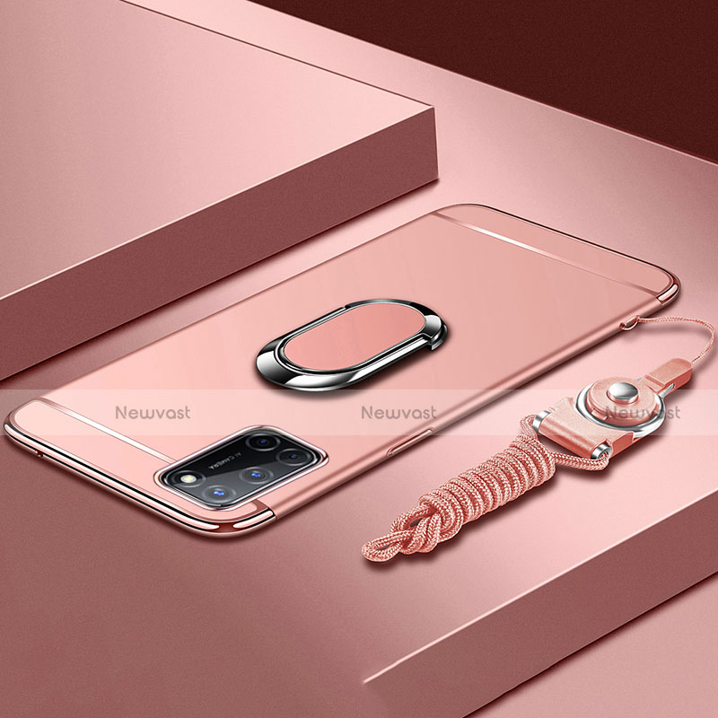 Luxury Metal Frame and Plastic Back Cover Case with Finger Ring Stand and Lanyard for Oppo A52 Rose Gold