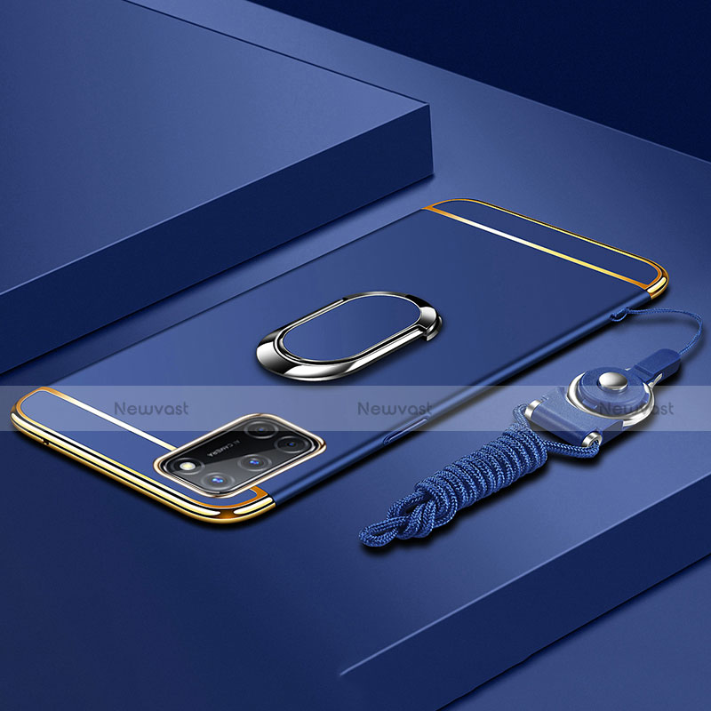 Luxury Metal Frame and Plastic Back Cover Case with Finger Ring Stand and Lanyard for Oppo A72 Blue