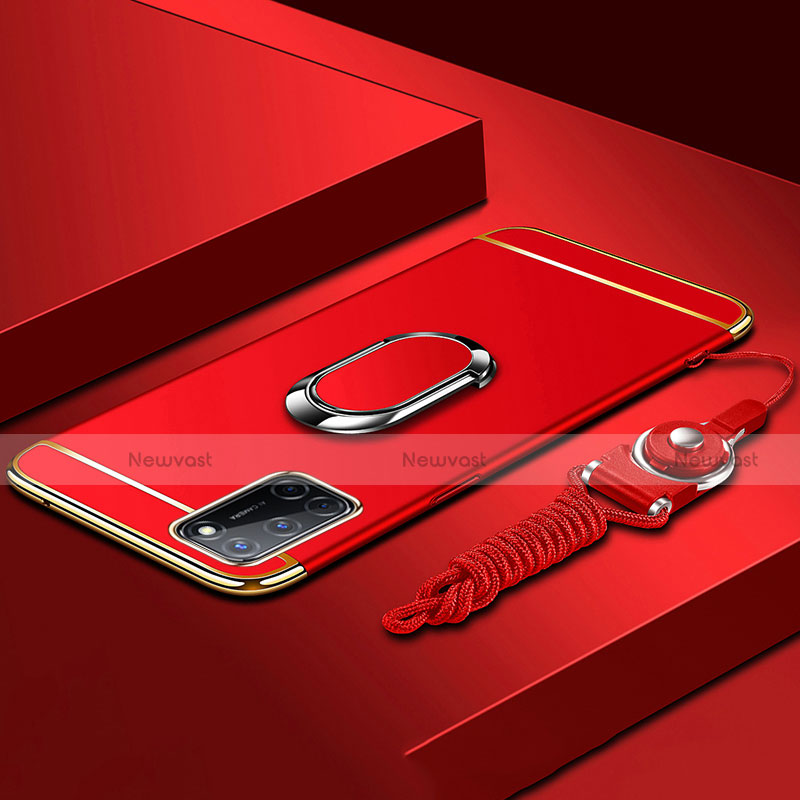 Luxury Metal Frame and Plastic Back Cover Case with Finger Ring Stand and Lanyard for Oppo A72 Red