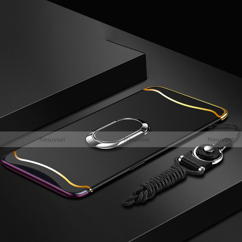 Luxury Metal Frame and Plastic Back Cover Case with Finger Ring Stand and Lanyard for Oppo Find X Black