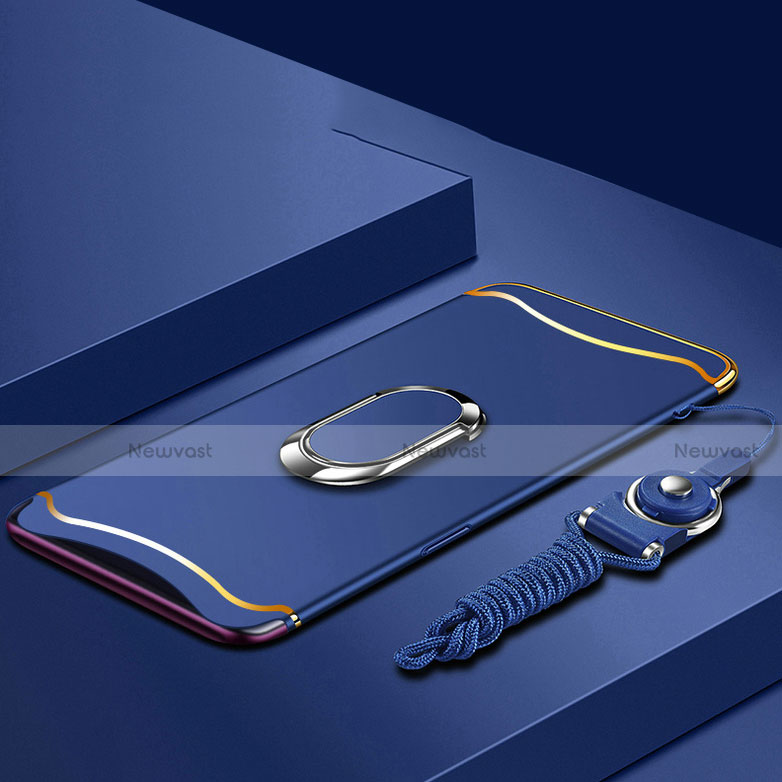 Luxury Metal Frame and Plastic Back Cover Case with Finger Ring Stand and Lanyard for Oppo Find X Blue