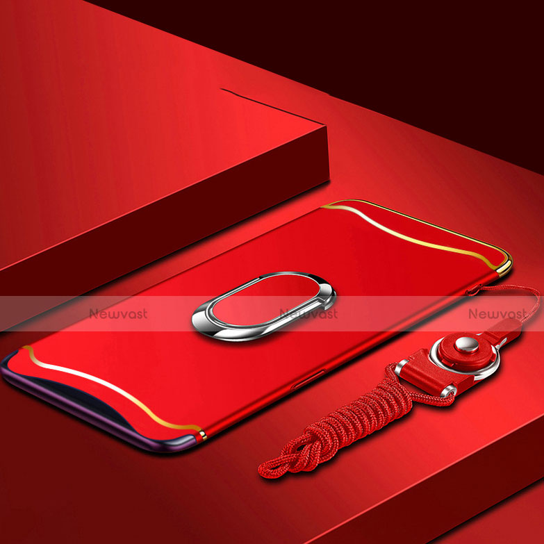 Luxury Metal Frame and Plastic Back Cover Case with Finger Ring Stand and Lanyard for Oppo Find X Red