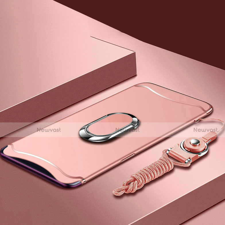 Luxury Metal Frame and Plastic Back Cover Case with Finger Ring Stand and Lanyard for Oppo Find X Rose Gold