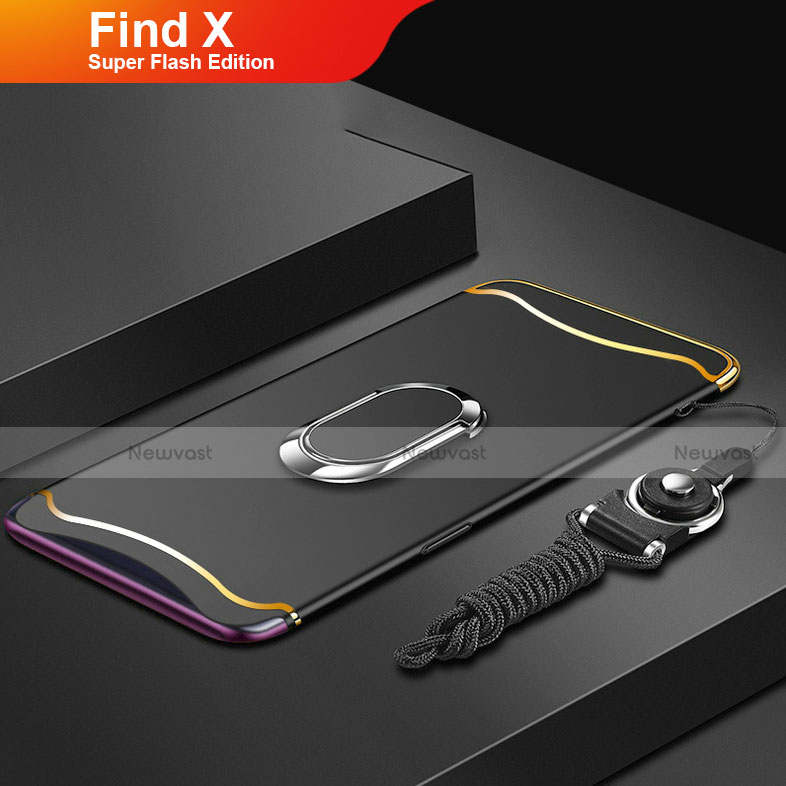 Luxury Metal Frame and Plastic Back Cover Case with Finger Ring Stand and Lanyard for Oppo Find X Super Flash Edition Black