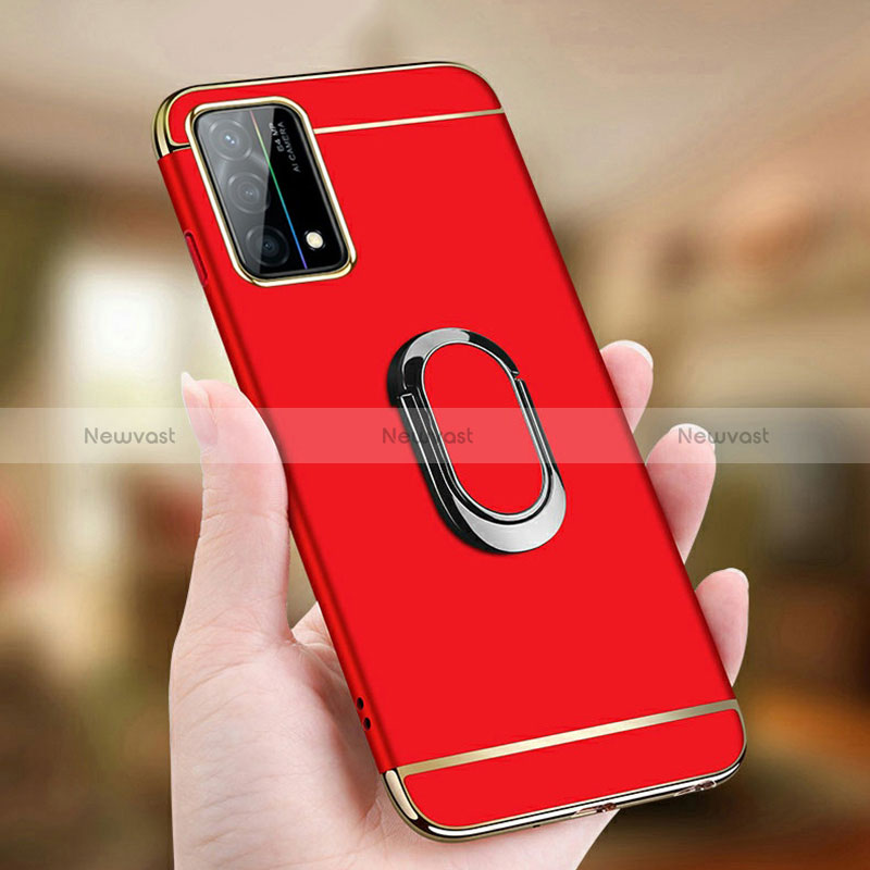 Luxury Metal Frame and Plastic Back Cover Case with Finger Ring Stand and Lanyard for Oppo K9 5G