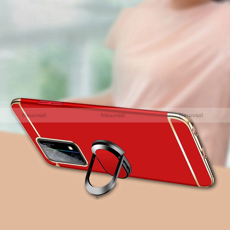 Luxury Metal Frame and Plastic Back Cover Case with Finger Ring Stand and Lanyard for Oppo K9 5G