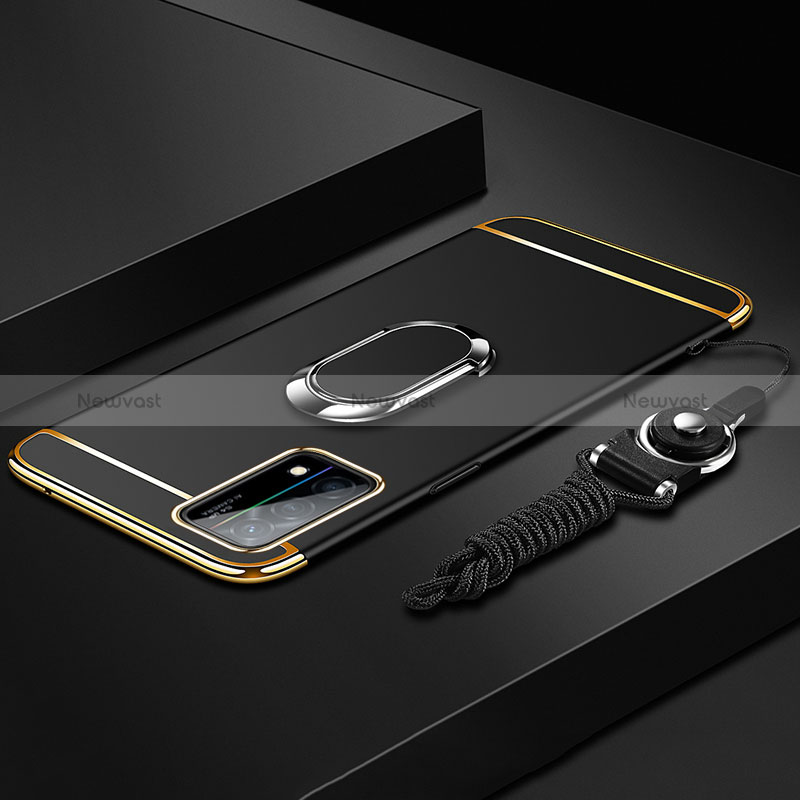 Luxury Metal Frame and Plastic Back Cover Case with Finger Ring Stand and Lanyard for Oppo K9 5G Black