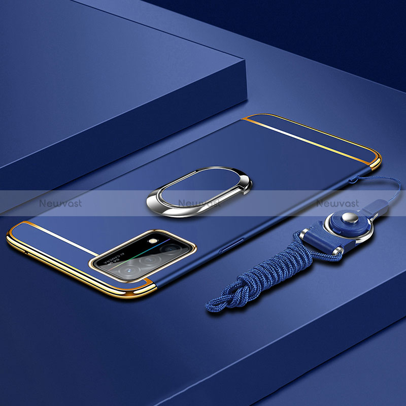 Luxury Metal Frame and Plastic Back Cover Case with Finger Ring Stand and Lanyard for Oppo K9 5G Blue