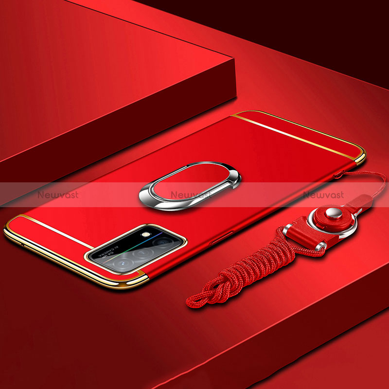 Luxury Metal Frame and Plastic Back Cover Case with Finger Ring Stand and Lanyard for Oppo K9 5G Red