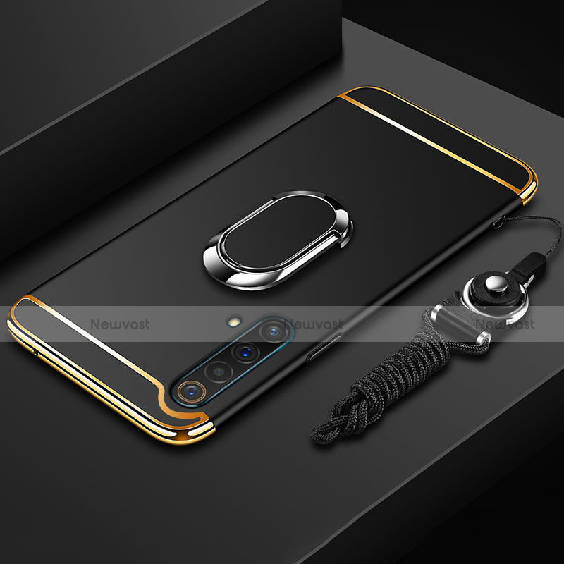 Luxury Metal Frame and Plastic Back Cover Case with Finger Ring Stand and Lanyard for Realme X3 SuperZoom Black