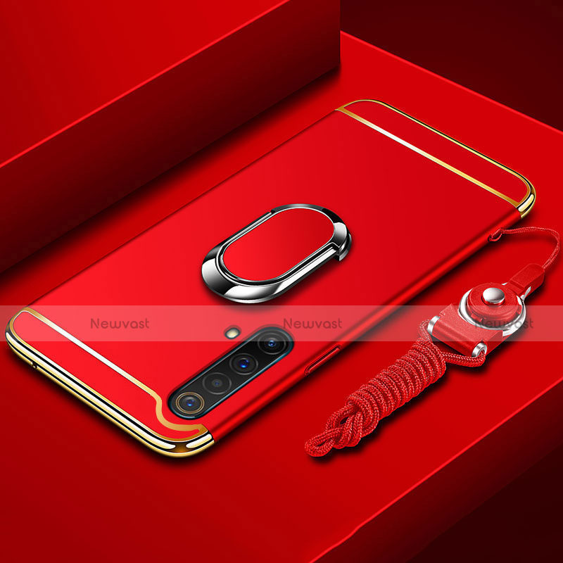 Luxury Metal Frame and Plastic Back Cover Case with Finger Ring Stand and Lanyard for Realme X50 5G Red