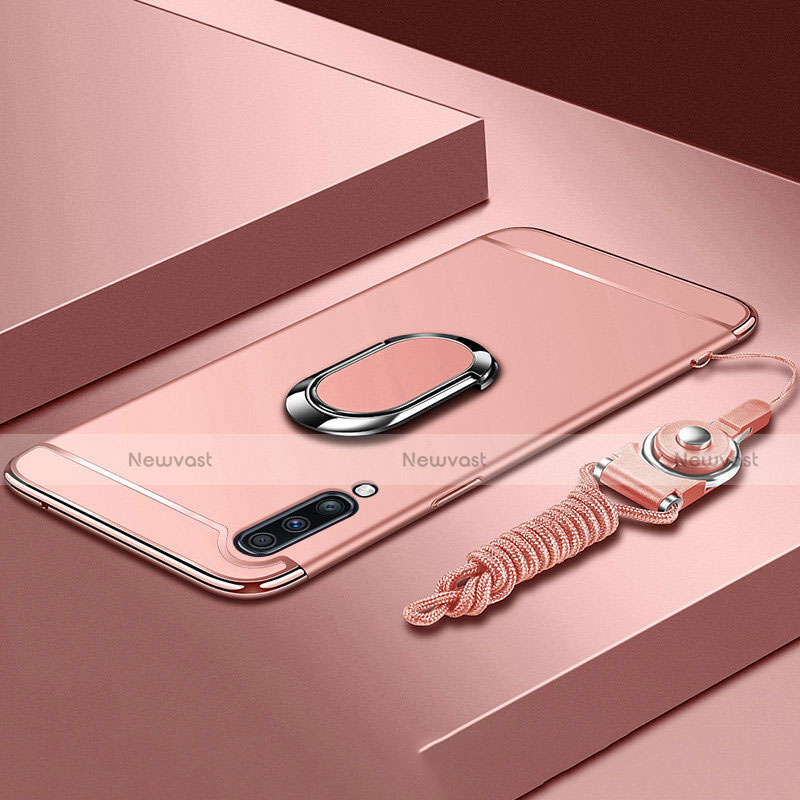 Luxury Metal Frame and Plastic Back Cover Case with Finger Ring Stand and Lanyard for Samsung Galaxy A70S Rose Gold