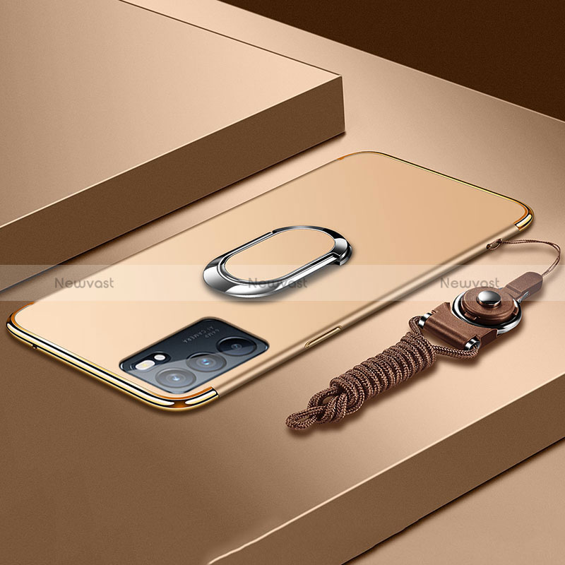 Luxury Metal Frame and Plastic Back Cover Case with Finger Ring Stand for Oppo Reno6 5G