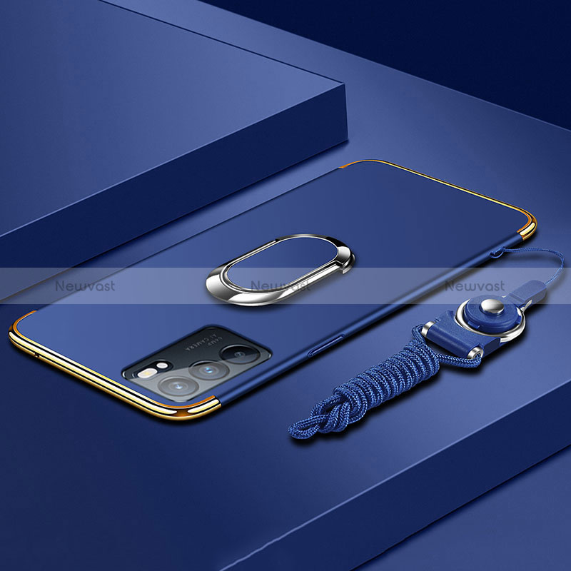 Luxury Metal Frame and Plastic Back Cover Case with Finger Ring Stand for Oppo Reno6 5G Blue