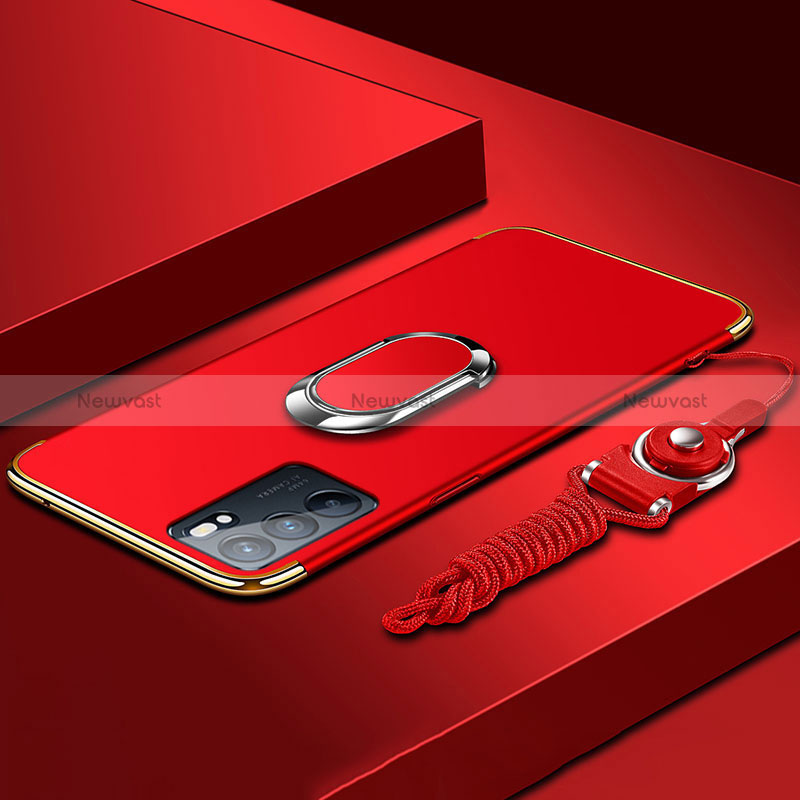 Luxury Metal Frame and Plastic Back Cover Case with Finger Ring Stand for Oppo Reno6 5G Red