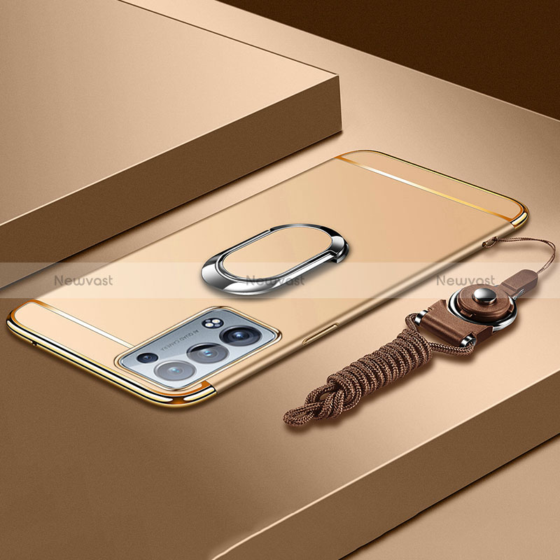 Luxury Metal Frame and Plastic Back Cover Case with Finger Ring Stand for Oppo Reno6 Pro 5G Gold