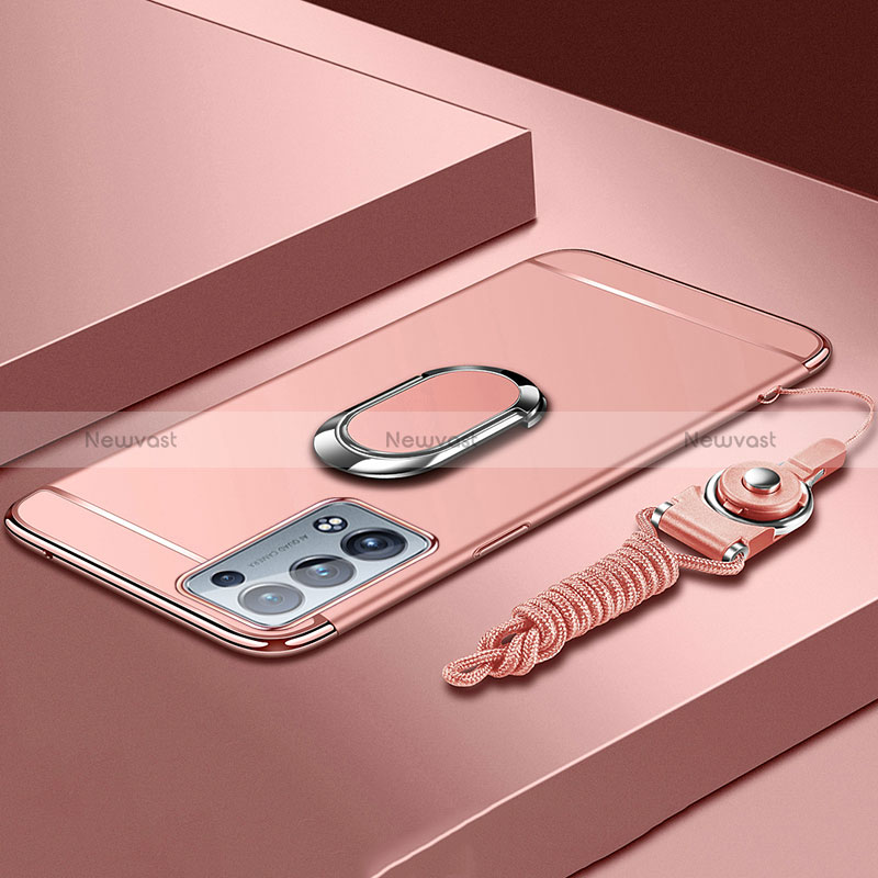 Luxury Metal Frame and Plastic Back Cover Case with Finger Ring Stand for Oppo Reno6 Pro 5G Rose Gold