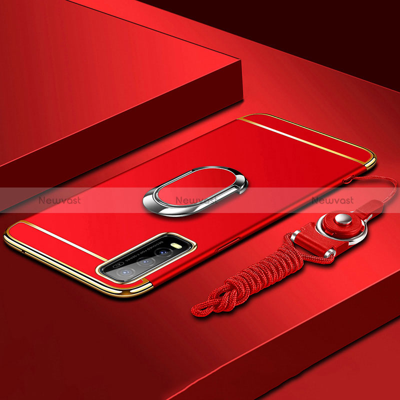 Luxury Metal Frame and Plastic Back Cover Case with Finger Ring Stand for Vivo Y50t Red