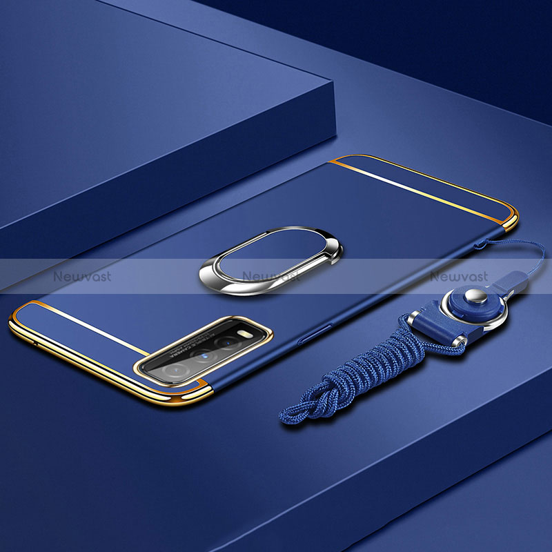 Luxury Metal Frame and Plastic Back Cover Case with Finger Ring Stand for Vivo Y51s 5G Blue